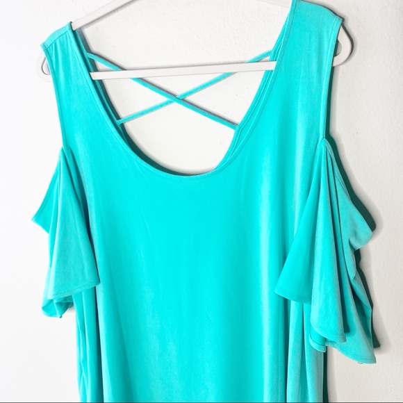 KAARI Blue Teal Green Cold Shoulder Plus Size Top - Picture 2 of 5